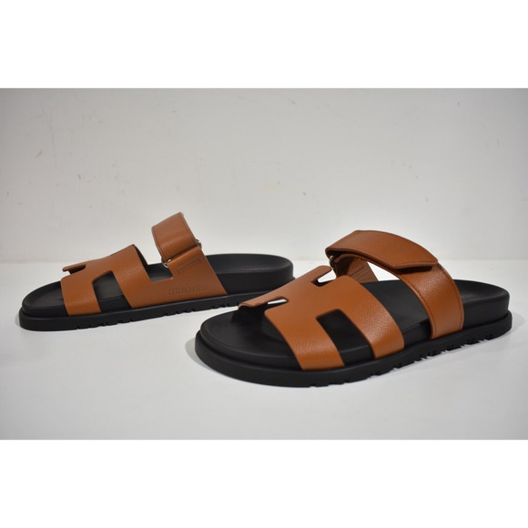 Hermes Chypre Sandal Natural Brown Gold Black H Logo Slide Slip On Flat 37.5 - Picture 9 of 12